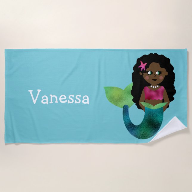 Personalized African American Faux Foil Mermaid Beach Towel (Front)