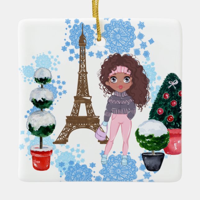 Personalized African American Girl Eiffel Tower Ceramic Ornament (Front)