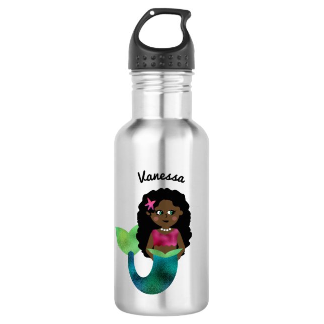 Personalized African American Mermaid Faux Foil 532 Ml Water Bottle (Front)
