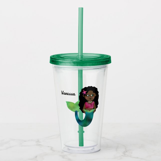 Personalized African American Mermaid Faux Foil Acrylic Tumbler (Front)