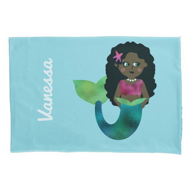 Personalized African American Mermaid Faux Foil Pillowcase (Front)