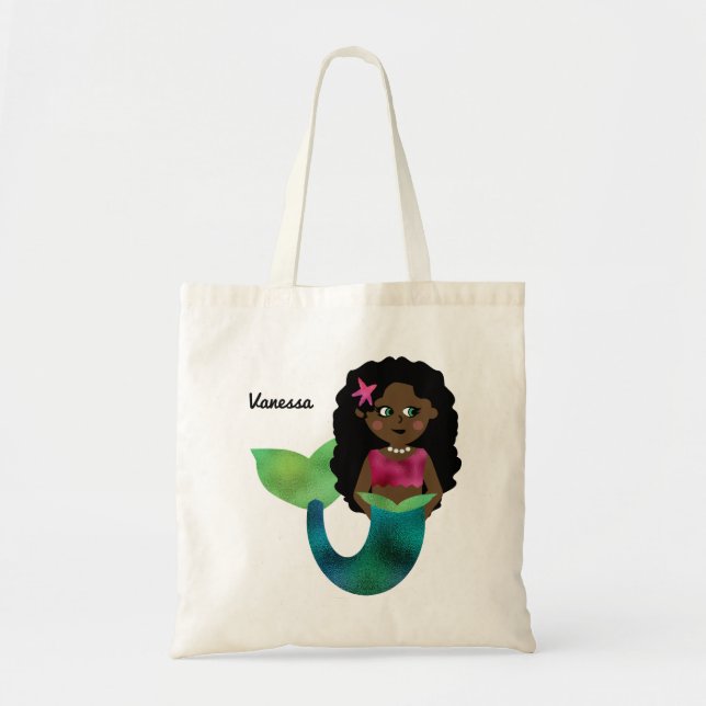 Personalized African American Mermaid Faux Foil Tote Bag (Front)