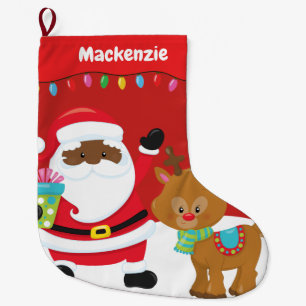 Personalized African American Santa Large Christmas Stocking