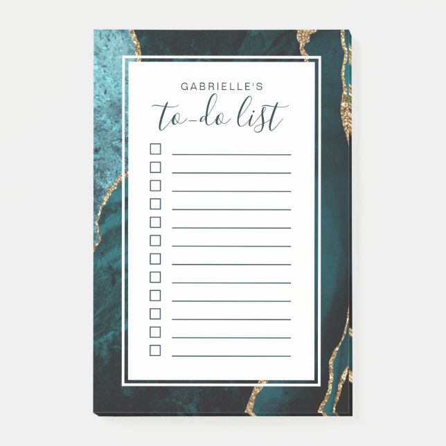 Personalized Agate Geode Teal Blue Gold To Do List Post-it Notes (Front)