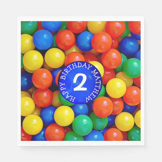 Personalized Age and Name Ball Pit Themed Birthday Napkin (Front)