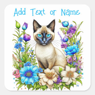 Personalized Ai Watercolor Siamese Cat in Flowers Square Sticker