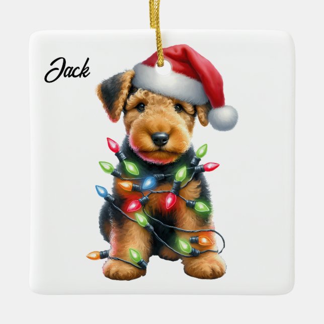 Personalized Airedale Terrier Santa Christmas Ceramic Ornament (Front)
