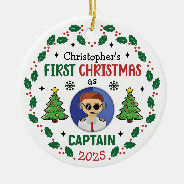 Personalized Airline Captain Custom Name Christmas Ceramic Ornament (Front)