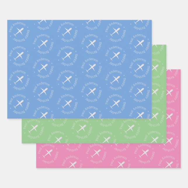 Personalized Airplane Birthday Blue Green Pink Wrapping Paper Sheet (Set)