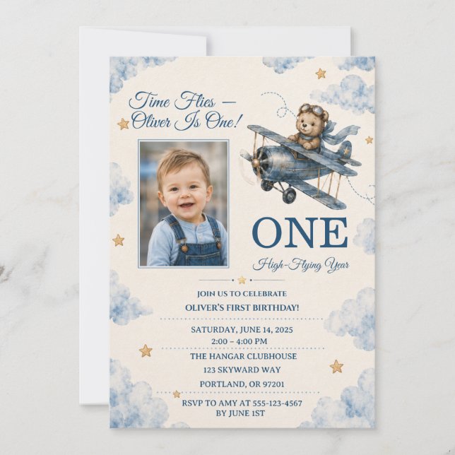 Personalized Airplane First Birthday Invitation |  (Front)