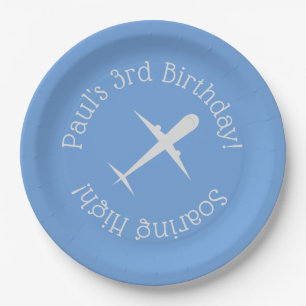 Personalized Airplane on Blue, Soaring High Paper Plate