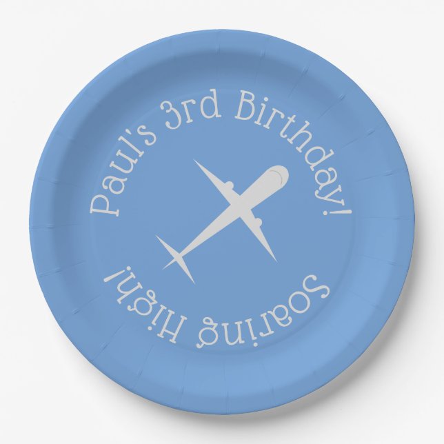 Personalized Airplane on Blue, Soaring High Paper Plate (Front)