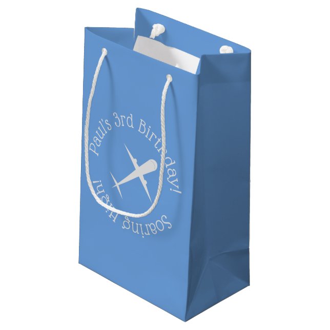 Personalized Airplane on Blue, Soaring High Small Gift Bag (Back Angled)