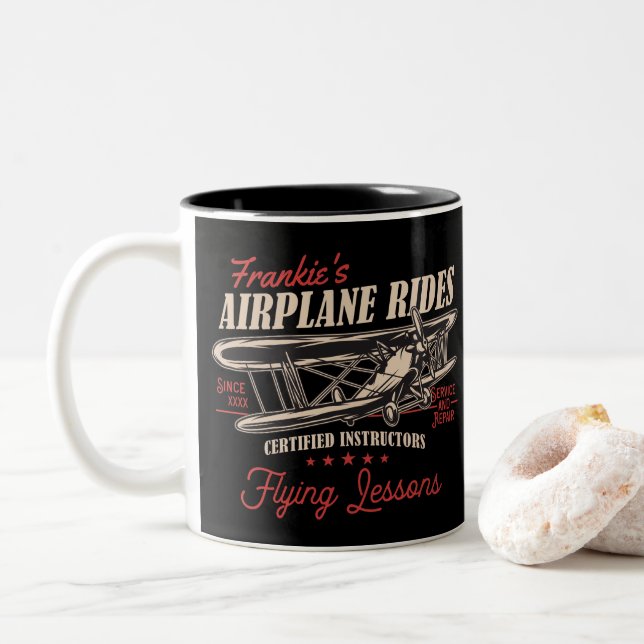 Personalized Airplane Rides Retro Flying Lessons Two-Tone Coffee Mug (With Donut)