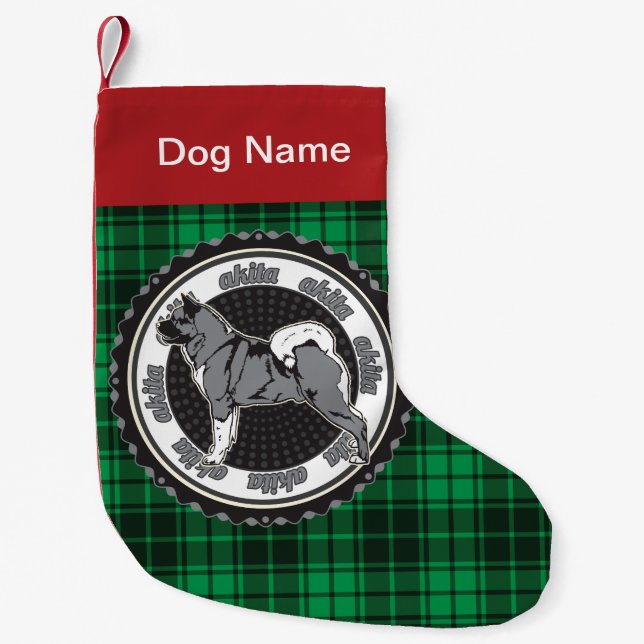 Personalized Akita Dog Breed Holiday Green Plaid Small Christmas Stocking (Front)