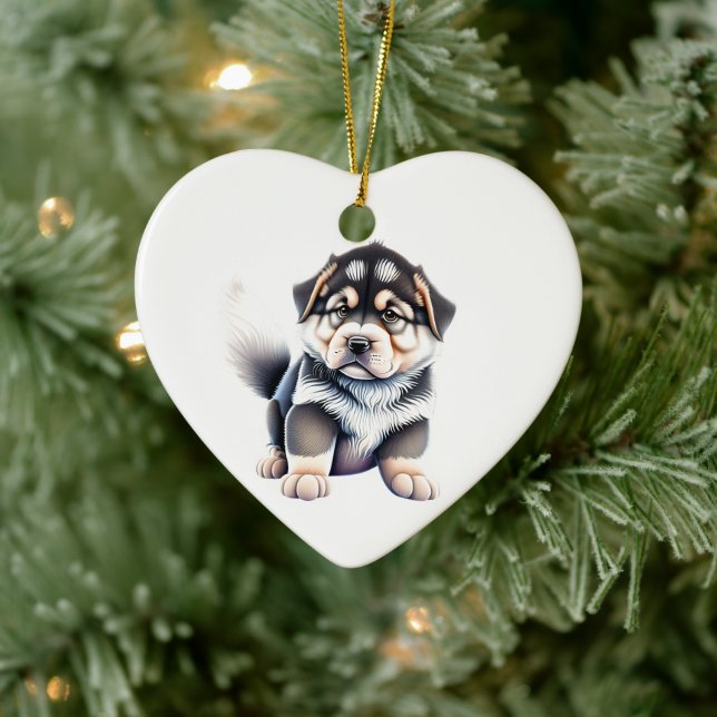 Personalized Alaskan Malamute Puppy Dog Heart Ceramic Ornament (Tree)