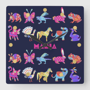 Personalized Alebrije Mexican Animals Folk Art Square Wall Clock