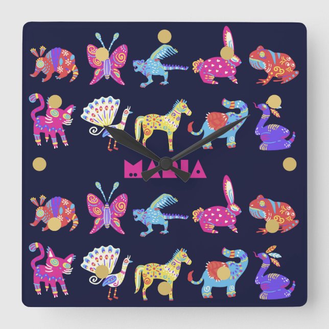 Personalized Alebrije Mexican Animals Folk Art Square Wall Clock (Front)