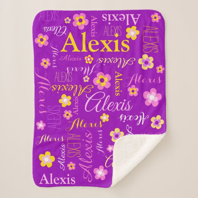 Personalized Alexis flowers and name text Sherpa Blanket (Front)