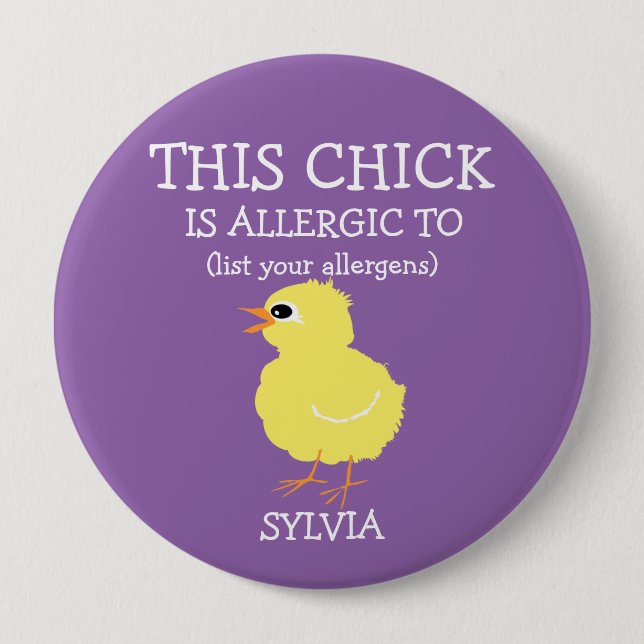 Personalized Allergy Alert Fluffy Yellow Chick 4 Inch Round Button (Front)