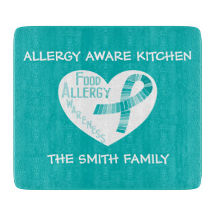 Personalized Allergy Aware Teal Ribbon Heart Teal Cutting Board