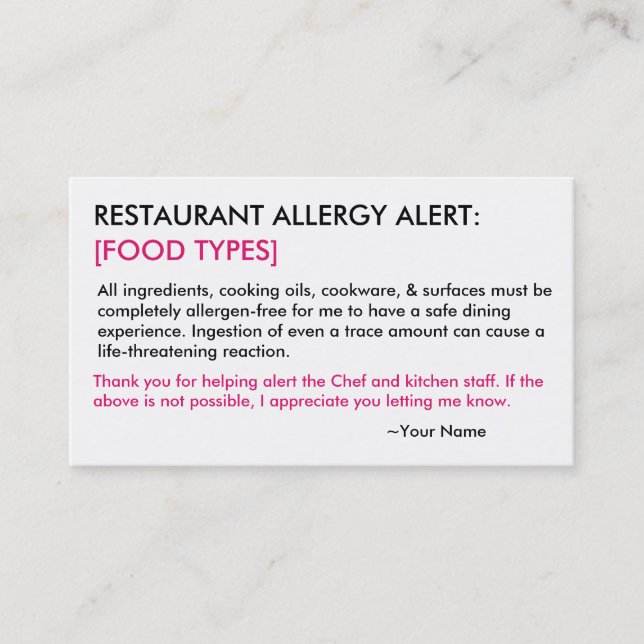 Personalized Allergy Restaurant & ICE Card (Front)