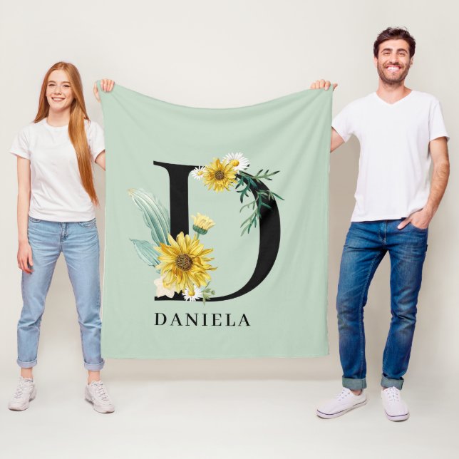 Personalized Alphabet D Floral Monogram  Fleece Blanket (In Situ)