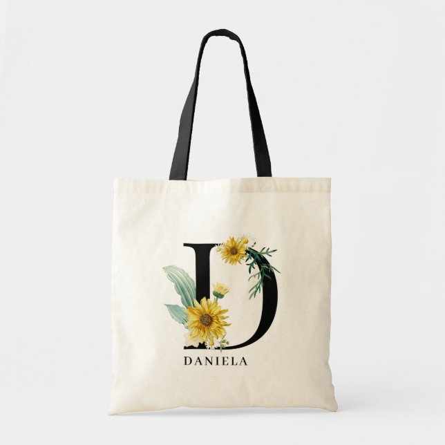Personalized Alphabet D Floral Monogram Tote Bag (Front)