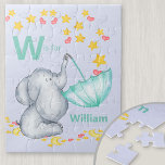 Personalized Alphabet Name Cute Elephant Boys Jigsaw Puzzle<br><div class="desc">Cute elephant jigsaw puzzle for your little boy with custom alphabet name. The template is set up for you to add your name and initial, which is lettered in bold typography. The design has a cute elephant catching falling stars and love hearts in an umbrella. It has a colour palette...</div>