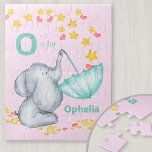 Personalized Alphabet Name Cute Elephant Girls Jigsaw Puzzle<br><div class="desc">Cute elephant jigsaw puzzle for your little girl with custom alphabet name. The template is set up for you to add your name and initial, which is lettered in bold typography. The design has a cute elephant catching falling stars and love hearts in an umbrella. It has a colour palette...</div>