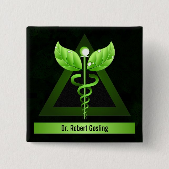 Personalized Alternative Medicine Green Caduceus 2 Inch Square Button (Front)