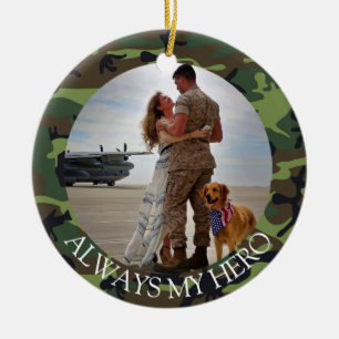 Personalized Always My Hero Army Camouflage Photo Ceramic Ornament