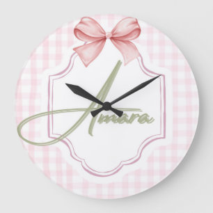 Personalized Amara Baby Girl Nursery Bow&Gingham Large Clock