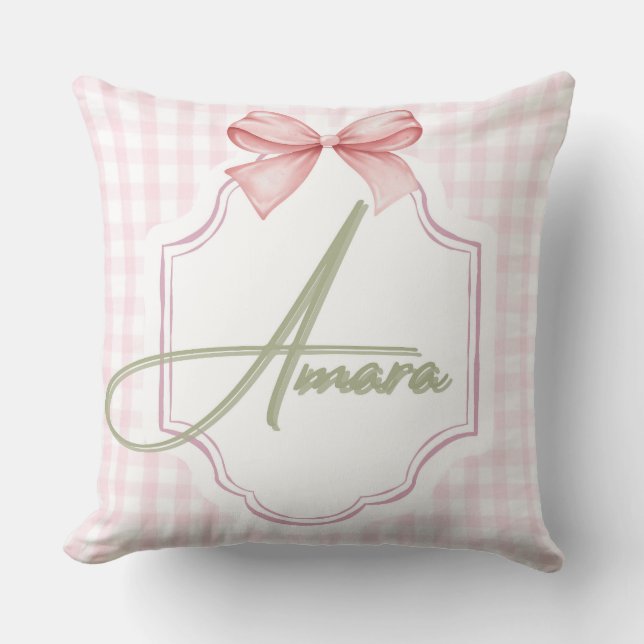 Personalized Amara Baby Girl Nursery Bow&Gingham Throw Pillow (Front)