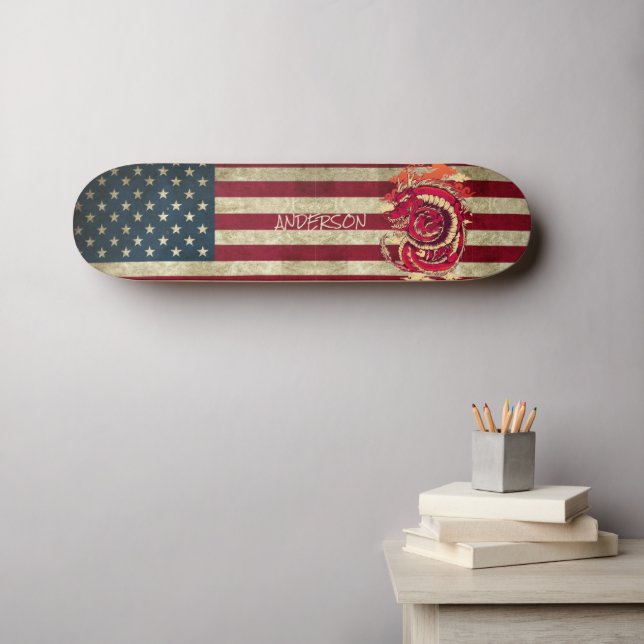 Personalized American Blue Asian Dragon Skateboard (Wall Art (Horz))