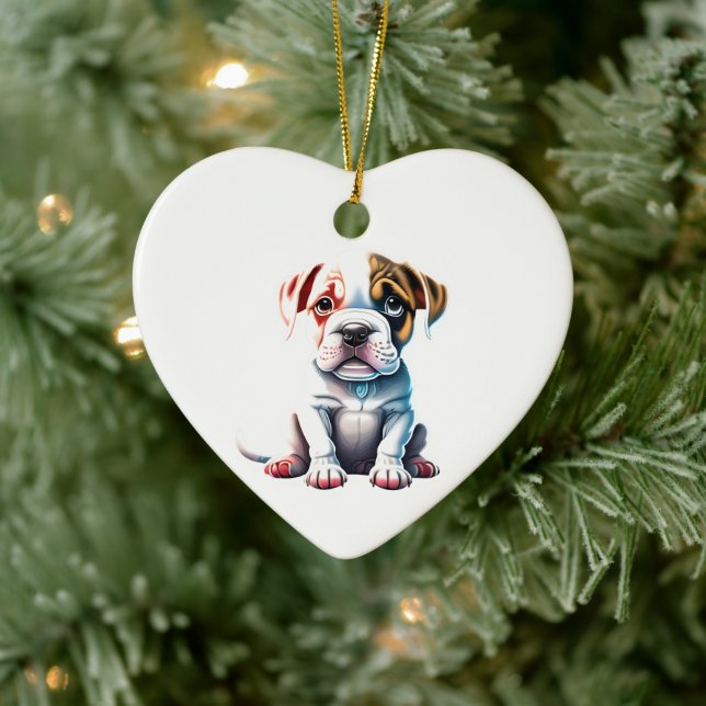Personalized American Bulldog Puppy Dog Heart Ceramic Ornament (Tree)