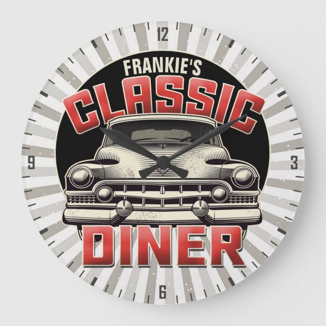 Personalized American Classic Car Retro Diner Cafe Large Clock (Front)
