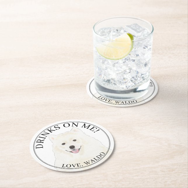 Personalized American Eskimo Samoyed Dog Wedding Round Paper Coaster (Insitu)