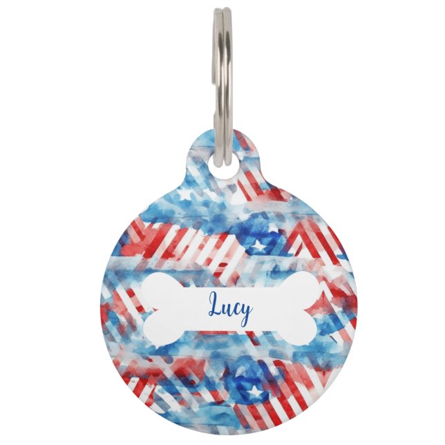 Personalized American Flag Art Round Pet Tag (Front)