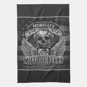 Personalized American Flag Biker Skull Motorcycle Kitchen Towel