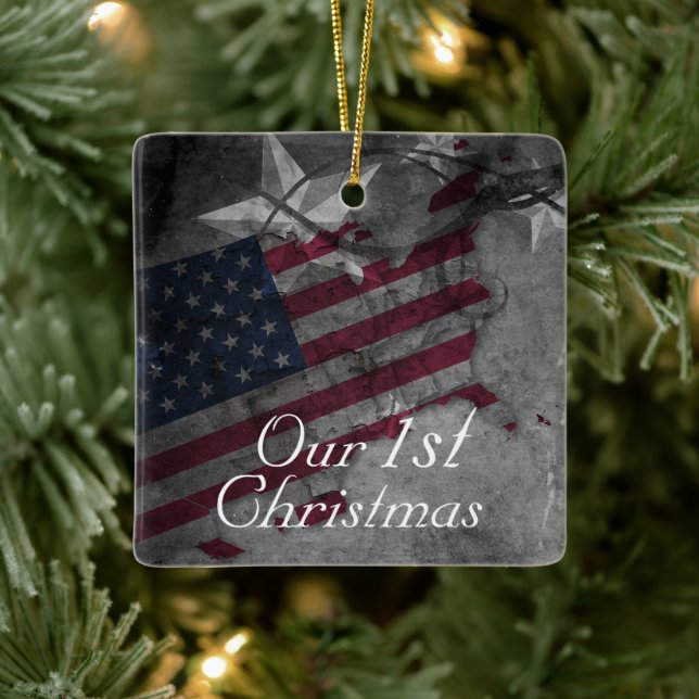Personalized American Flag Our 1st Christmas Ceramic Ornament (Tree)