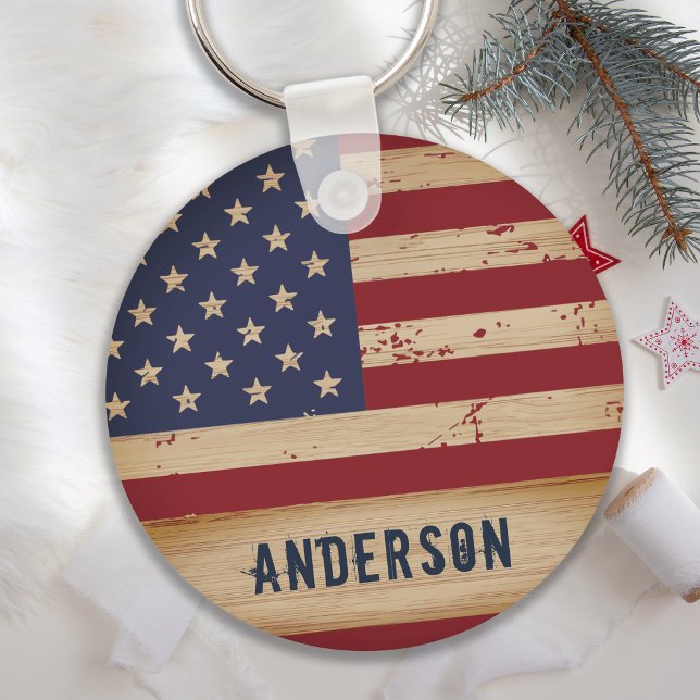 Personalized American Flag Rustic Wood Patriotic Keychain (Creator Uploaded)