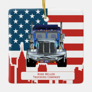Personalized  American Flag Skyline Trucker   Ceramic Ornament