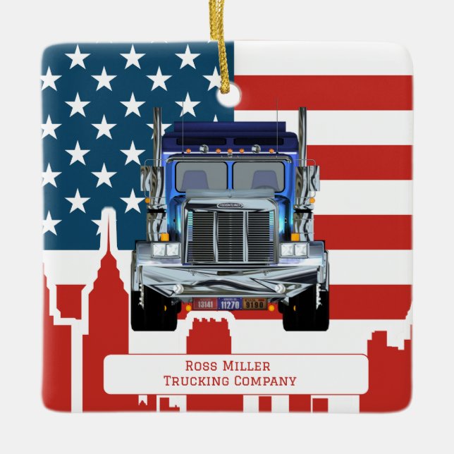 Personalized  American Flag Skyline Trucker   Ceramic Ornament (Front)