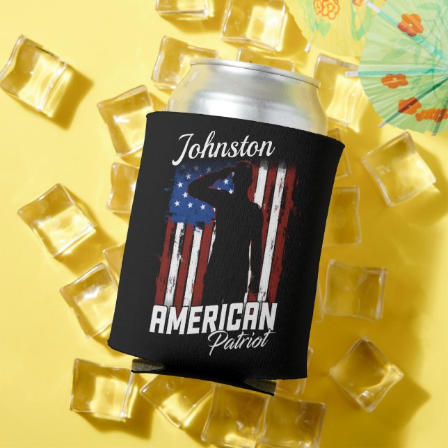 Personalized American Patriot Soldier USA Flag  Can Cooler (In Situ Summer)