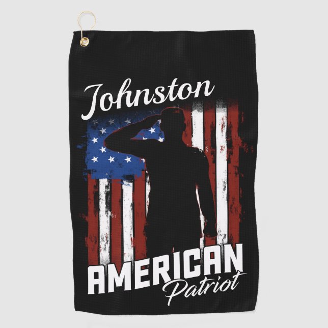 Personalized American Patriot Soldier USA Flag  Golf Towel (Front)