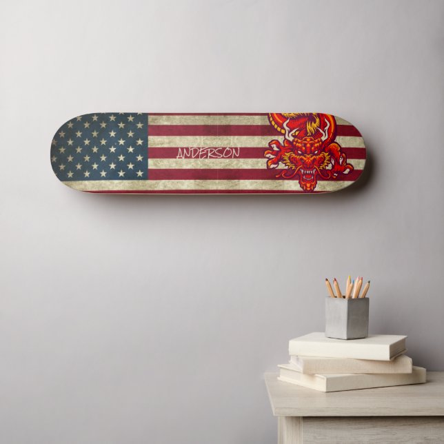 Personalized American Red Asian Dragon Skateboard (Wall Art (Horz))