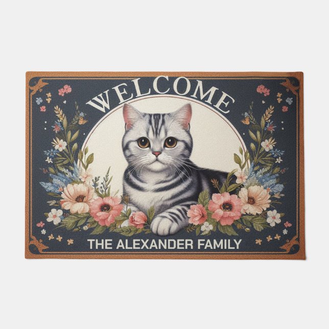 Personalized American shorthair Cat Floral Welcome Doormat (Front)