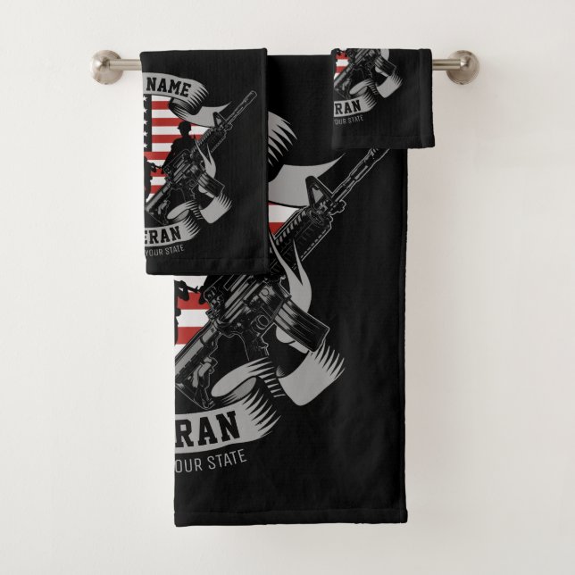 Personalized American Veteran Proud Vet USA Flag Bath Towel Set (Insitu)