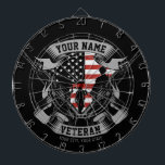 Personalized American Veteran Proud Vet USA Flag Dartboard<br><div class="desc">Personalized American Veteran Proud Vet USA Flag featuring Soldiers with Firearms and American Flag Design. Personalized with your Name,  Custom Text and Location! Perfect gift for that special person in your life!</div>